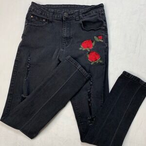 Mens‎ Black Skinny Jeans Embroidered Roses Ripped Distressed Goth Rock Size 30